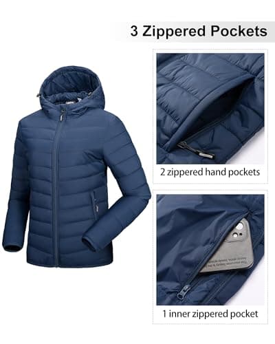 Outdoor Ventures Women's Winter Lightweight Puffer Jacket with Hood, Warm, Short, Packable, Quilted, Transitional, Padded Jacket for Ladies, Lined for Hiking, Travel Navy Blue L — view 5