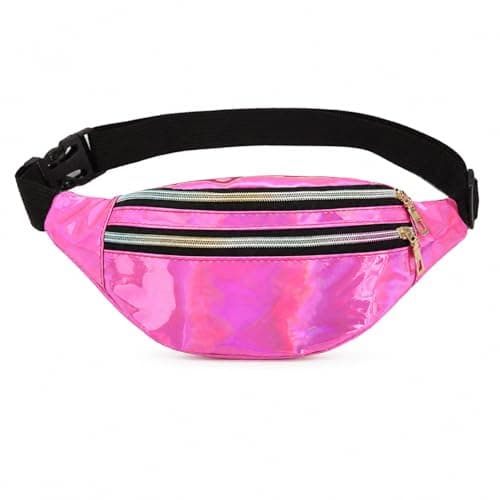 Fashion Metallic Bum Bag,Holographic Waist BagFanny Double Zipper Belt Bag Festival Rave Bumbags Waterproof Hip Pouch for Women Ladies Girls Travel Party Festival Sports Outdoor (Pink)