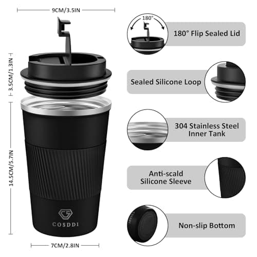 CS COSDDI Travel Mugs, Insulated Cup With Leakproof Lid - Reusable Travel Mug - Car Cup - Stainless Steel Mug for Hot and Cold Coffee, Water and Tea (Black-A, 380 ml) — view 4