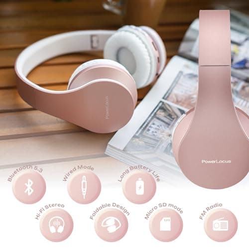 PowerLocus Wireless Bluetooth Over-Ear Stereo Foldable Headphones, Wired Headsets Noise Cancelling with Built-in Microphone for iPhone, Samsung, LG, iPad (Rose Gold) — view 5