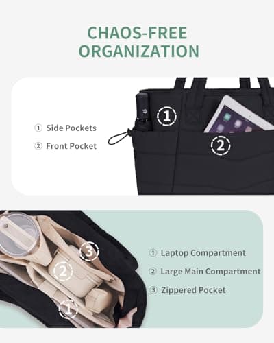 Wandering Nature Tote Bags for Women with Zipper, Set of 2 Shoulder Handbags with 15.6 Inch Laptop Compartment & Water Bottle Pocket for Work School Travel College,Black (Patent Pending) — view 6