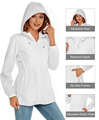 Rapbin Raincoats for Women Waterproof Jacket Hooded Raincoat Lightweight Windbreaker Outdoor Packable Hooded Rain Coats Jacket White XL — view 3