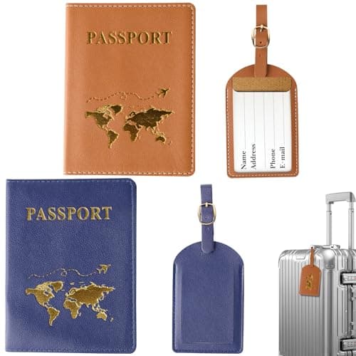 ZDNT 4 Pcs Passport Cover and Luggage Tag,Passport Holder,Passport Cover Luggage Tag Set,PU Leather Passport Holder Travel Wallet Case Organiser for Passport Credit Card Business (Brown, Blue)