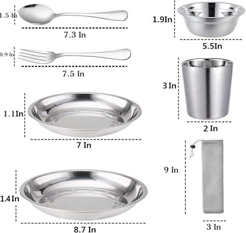 Stainless Steel Camping Mess Kit for Family & Person, Cooking Tableware Utensils with Plates Bowls Forks Spoons Knives & Savings Bag for Camping, Backpacking, Hiking, Picnic (A) — view 2