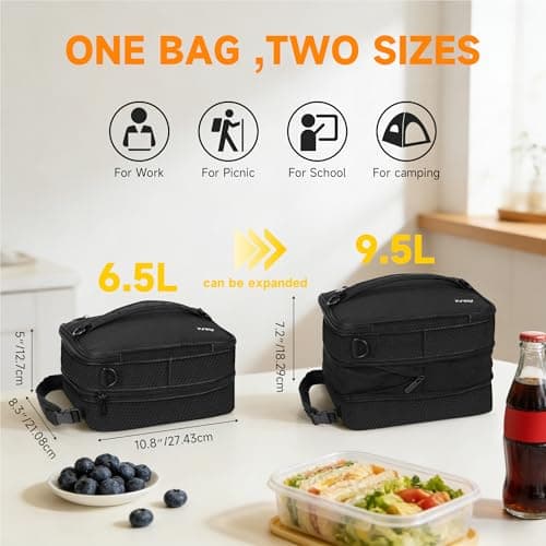 Kato Tirrinia Expandable Insulated Lunch Bag, 10L Lunch Cooler Bag with Shoulder Strap for Men and Women, Leakproof Lunch Box Bag, Suitable for Work School Travel Picnic Camping Beach, Black — view 2