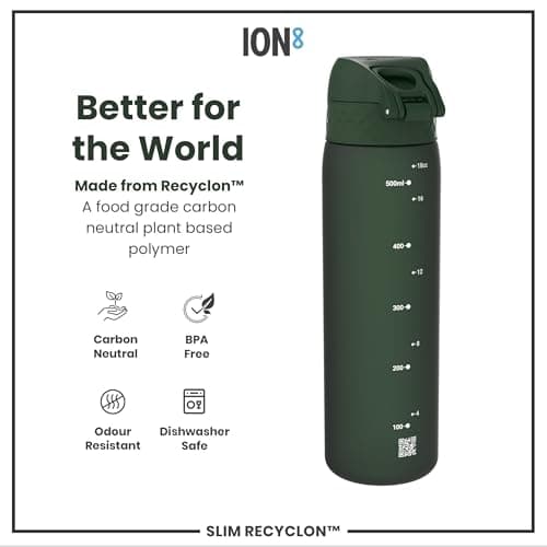 Ion8 Water Bottle, 500 ml/18 oz, Leak Proof, Easy to Open, Secure Lock, Dishwasher Safe, BPA Free, Hygienic Flip Cover, Carry Handle, Fits Cup Holders, Easy Clean, Carbon Neutral, Dark Green — view 5