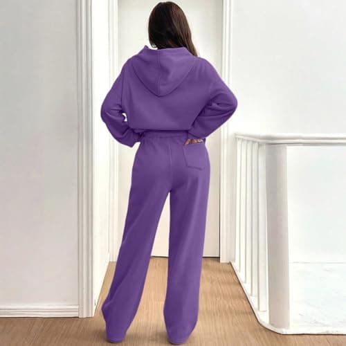 Tracksuit Womens Full Set Oversized 2 Piece Outfits Long Sleeve Hoodie and Sweatpants Women Lounge Wear Sets Fashion Sweatsuits Wide Leg Jogger Loose Loungewear Gym Fitness Activewear Set Purple M — view 3