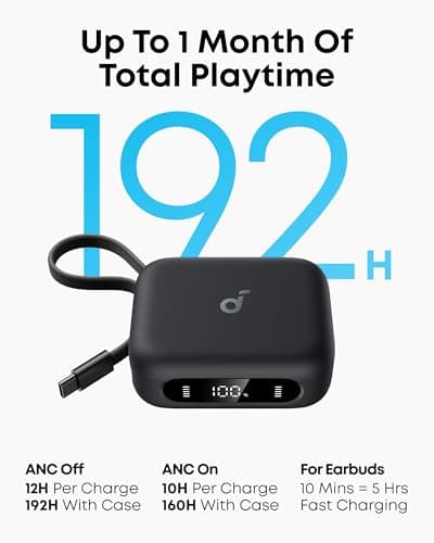 soundcore P41i by Anker Adaptive Noise Cancelling Earbuds with Portable Phone Charger (Built-in USB-C Cable), 192 h Playtime, Immersive Sound,6-Mic AI Calls IPX5 (Black with Lightning Adapter) — view 3