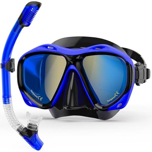 Snorkeling Gear for Adults, Snorkel Mask With Mirrored Tempered Glass Lens 180° Wide View Anti-Fog Scuba Diving Mask, Professional Snorkel Set for Swimming Diving (Blue)