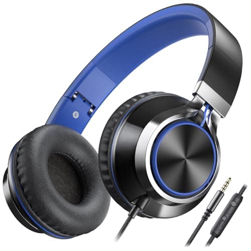 Ailihen C8 Headphones Wired with Mic, Foldable and Adjustable, Black Blue