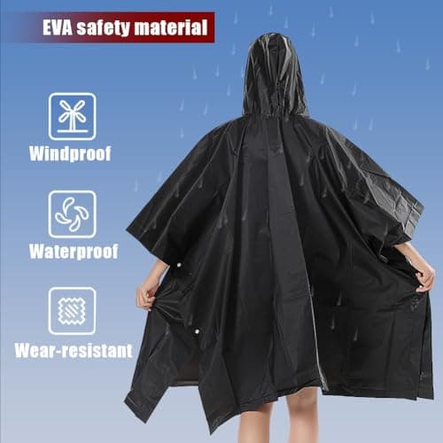 2Pcs Reusable Adult Rain Ponchos, Black Waterproof Poncho Adult, Thick & Wear-Resistant Rain Coat with Drawstring Hood, Portable Rain-Poncho Family Pack for Emergency Outdoors Camping Men Women — view 4