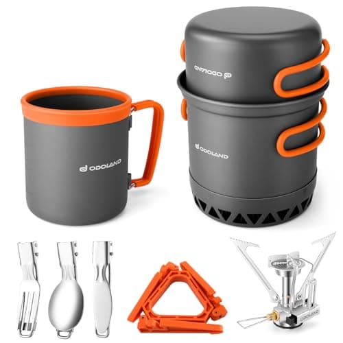 Odoland Camping Cookware Kit, 6pc Aluminium Mess Kit with Non-Stick Pot, Mini Stove, Mug, Cutlery & Storage Bag, High Efficiency Heat Exchanger Design