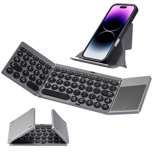 SOPPY Foldable Wireless Keyboards with Touchpad and Stand, Rechargeable Portable Tri-Folding Keyboard, Mini Bluetooth Travel Keyboard for Mac, iOS, Android, Windows, Tablet, Laptop, Smartphone, Grey