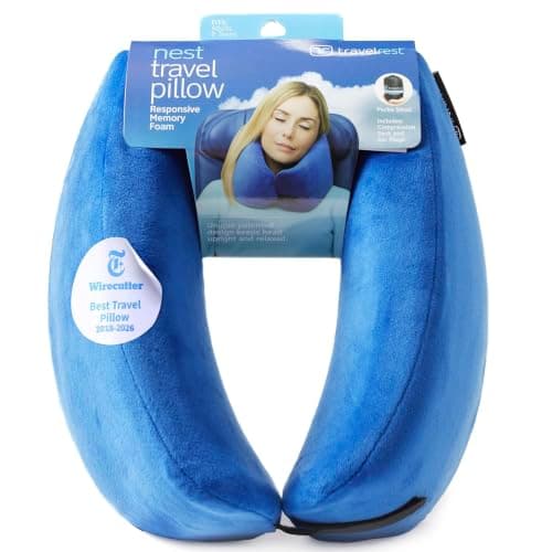 TRAVELREST Nest Neck Pillow for Travel - Advanced Support for Long Flights, Memory Foam Patented Design for Optimal Relaxation, Ergonomic, and Washable, On-the-Go and Attaches to Luggage - Blue