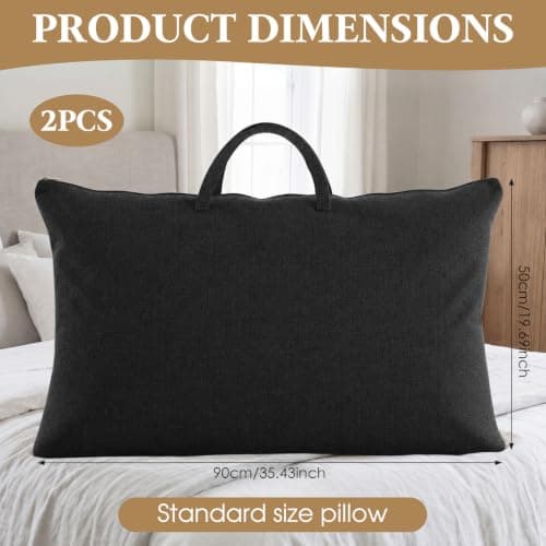 2 Pack Travel Pillow and Blanket Bags, 100% Cotton Canvas Pillow Storage Bag with Handles, Heavy Duty Breathable Organizer for Bedding Linens, Pillow Bag for Traveling(2,Black,20"x36") — view 2