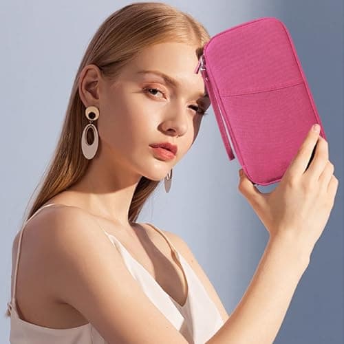 Passport Holder Travel Wallet, Large Capacity Travel Document Holder, RFID Blocking Waterproof Portable Travel Wallet Organiser for Cash Passport ID Card Credit Cards Flight Ticket Pen (Rose Red) — view 6