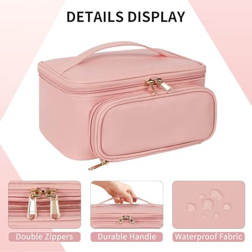 Large Makeup Bag Travel Cosmetic Bag with Makeup Brushes Compartment Pink — view 6