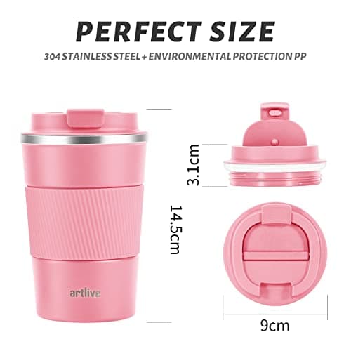 Artlive Coffee Cup, Reusable, Insulated & Double Wall Travel Mug - Travel Cup Thermal Stainless Steel Eco-Friendly with Lid - Hot & Cold Coffee Mug (PinkGrip, 380 ml) — view 3