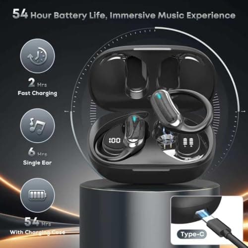 Wireless Earbuds Bluetooth Headphones, 54H Playtime Full Stereo Over Ear Buds with ENC Noise Cancelling, LED Power Display, IPX7 Waterproof Sport Earphones with Earhooks for Running/Workouts Black — view 4