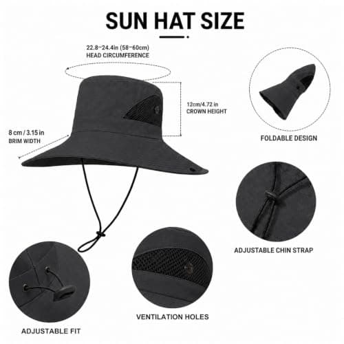 newhsy Wide Brim Sun Hat Mens UPF50 Breathable Mesh Foldable Bucket Safari Hat for Fishing Hiking Travel (Black) — view 4