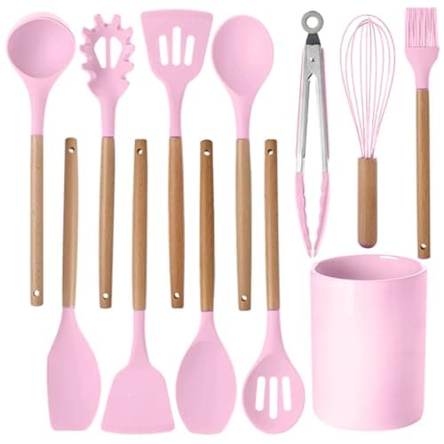 12 Pcs Kitchen Utensil Set, Silicone Cooking Utensils Set with Wooden Handle, Heat Resistant, Nonstick Cookware Tongs Spatula Spoon Set with Storage Bucket for Home, Camping, Dishwasher Safe (Pink)