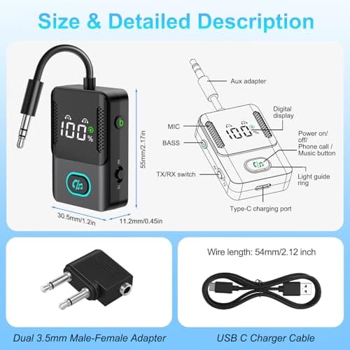 Bluetooth 5.3 Transmitter Receiver, 2-in-1 Airplane Wireless Bluetooth with LED Display, Compatible with 2 AirPods or Wireless Headphones, 3.5mm Aux Audio Jack, for Flight/TV/PC/Car/Speaker/Gym — view 2