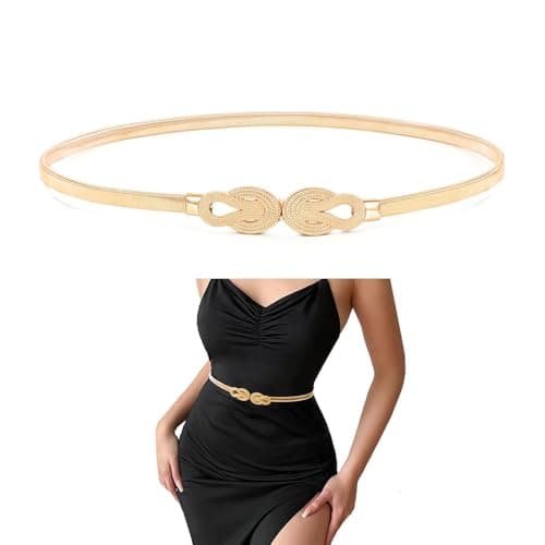 Gold Belt, Amaxiu Elastic Waist Belt for Women, Versatile Stretch Chain Gold Ladies Dress Belt, Adjustable Stretch Metal Waist, Thin Skinny Elastic for Dresses Wedding Party and Daily Outfits