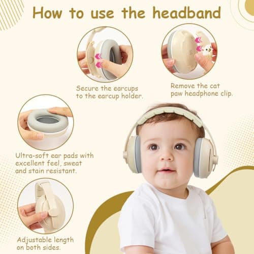 Adiwo 2-in-1 Baby Ear Defender, Non-Slip Baby Headphones, Noise Canceling Headphone & Headband for Babies, Ultra-Soft and Adjustable to 0-48 Months, Hearing Protection for Sleep Travel, Beige — view 4