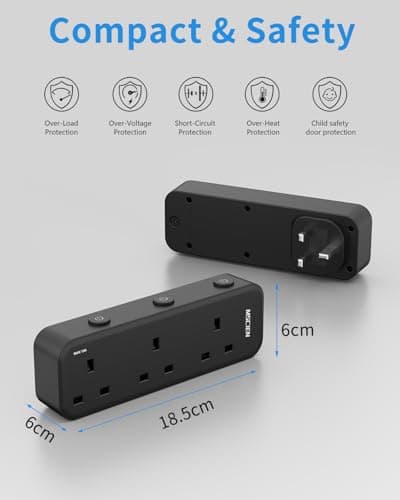 Mscien Plug Adapter, 3 Way Plug Extension Socket with Individually Switched, Multi Plug Adaptor Black Socket Extender, Wall Socket Extension for Home, Office, Dorm — view 5