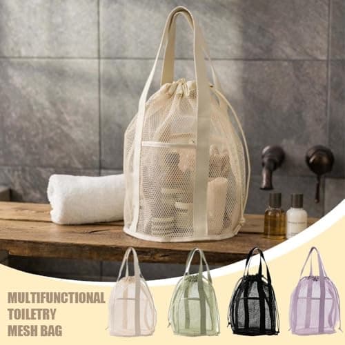 Mesh Shower Caddy - Portable Hanging Sandproof Mesh Shower Caddy Travel Beach Bag With Drawstring & 2 Pockets for Gym Camping Traveling Dorm College Men Women Bathroom Toiletry (Purple) — view 2