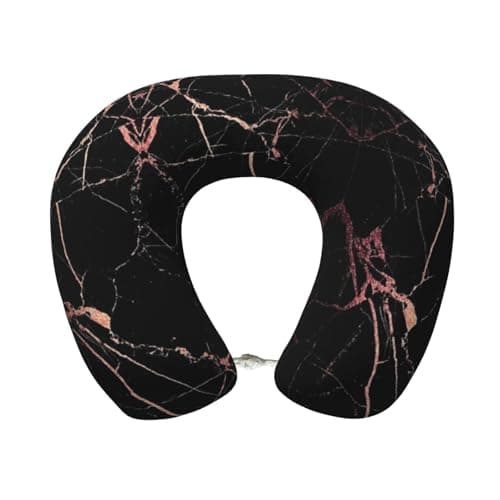 AUGUSTRUSH Memory Foam Neck Pillow - Travel Pillow With Adjustable Clasp, Removable Washable Cover For Airplane Office Car, Ergonomic Support Comfortable U-Shaped Pillow, Black Rose Gold Marble Print
