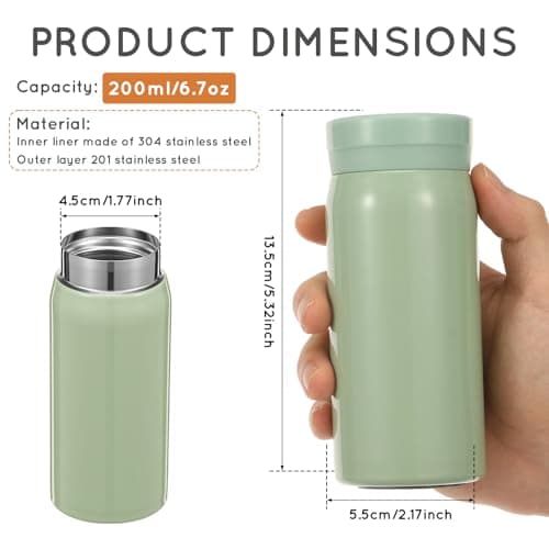 200ml Small Water Bottle, Stainless Steel Small Flask for Hot & Cold Drinks, Vacuum Insulated Portable Travel Coffee Cup Mini Pocket Flask for Home, Office, Gym, Travel, Adult and Kid(Light Green) — view 2