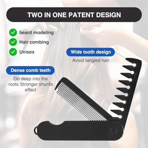 2-in-1 Folding Pocket Comb for Men - Fine Tooth & Wide Tooth Beard Combs - Flip Design Travel Comb for Hair, Mustache & Beard Grooming - Portable Styling Tool (Black) — view 3