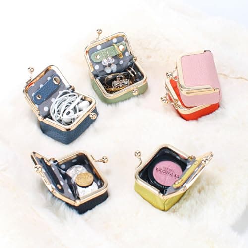 Nefokfdus Genuine Leather Mini Jewelry Box Coin Purse for Women,Solid Color Kiss Lock Jewelry Case Organizer,Mini Travel Ring Box, Pink, Pouch — view 5