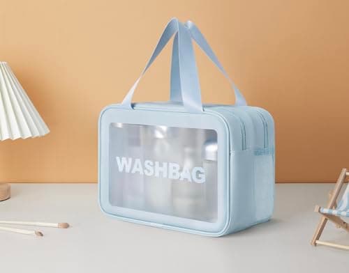 FoxCyllene Clear Waterproof Toiletry Bag, Large Capacity Travel Wash Bag with Dual Handles, PVC Cosmetic Organiser with Dry-Wet Separation (Blue, L) — view 5
