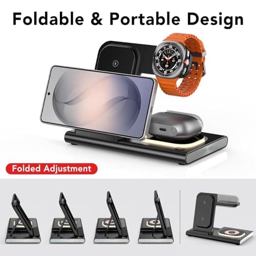 3 in 1 Wireless Charging Station for Samsung,Foldable & Nightlight Travel Wireless Charger for Galaxy S26 Ultra/S25/S24/S23/S22/Note20 Z Fold Flip7,Galaxy Watch 8/7/6/5/4/3 Active 2/1,Galaxy Buds 4 — view 4