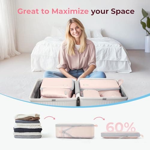 Samfolk Compression Packing Cubes for Suitcases Packing Cubes Compression Set Waterproof Suitcase Organiser Bags for Travel Suitcase Luggage Packing Organizer Bags Travel Essentials Pink 8 Set — view 2