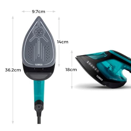 Tower Garment Steamer 1800W, 2-in-1 Steamer & Iron for Flexible Garment Care, One Temperature Technology, 25-Second Heat-Up, Ceramic Soleplate, 180ml Tank, Black & Teal (T22031TL) — view 6