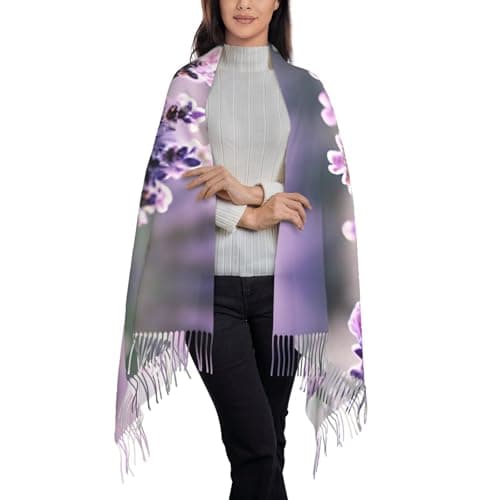 Lavender Flower Print Elegant Fringe Scarf Shawl Wrap For Women Winter Fall Spring Travel Accessory Gift — view 2