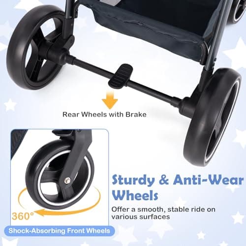 GYMAX Foldable Baby Stroller, All in One Toddler Pushchair with Adjustable Backrest/Canopy and Storage Bag, Portable Convertible Buggy Pram for Newborns (Dark Blue, with footmuff: 89 x 58 x 101 cm) — view 4