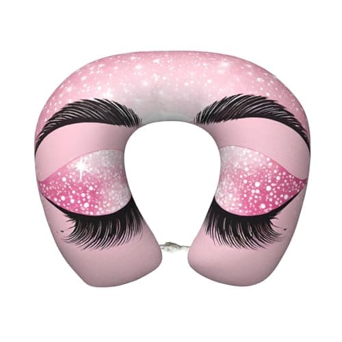 AUGUSTRUSH Memory Foam Neck Pillow - Travel Pillow With Adjustable Clasp, Removable Washable Cover For Airplane Office Car, Ergonomic Support Comfortable U-Shaped Pillow, Rose Gold Eyelashes Print