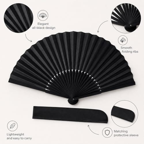 Qabonl Black Folding Hand Fan with Protective Sleeve, Classic All-Black Foldable Fan, Compact Portable Handheld Fan for Parties, Travel, Events and Everyday Use — view 2