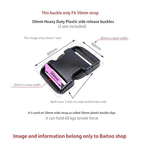 Baikeen Quick Side Release Buckles 50mm Heavy Duty Plastic Buckle Clips Snaps Backpack Buckle Replacement Dual Adjustable No Sewing 2 Sets — view 5