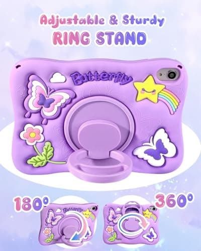 SurgeCraft for iPad Mini 6 Case, for iPad Mini 7 Case - Girls Cute Girly Kawaii 3D Purple Butterfly Unique Design Soft Silicone Cover with Rotating Stand & Strap for Apple Mini 6th/7th Covers 8.3 Inch — view 4