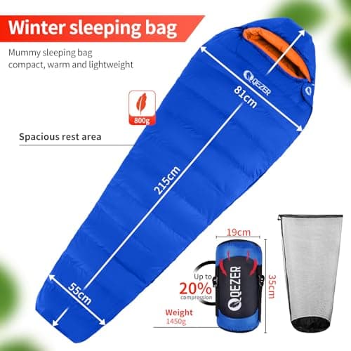 QEZER Down Sleeping Bag 4 Season, Lightweight Winter Sleeping Bag 7 Degree to -2 Degree for Adults and Kid Camping, Hiking and Backpacking Outdoor Filled 600+FP Down (sapphire800) — view 2