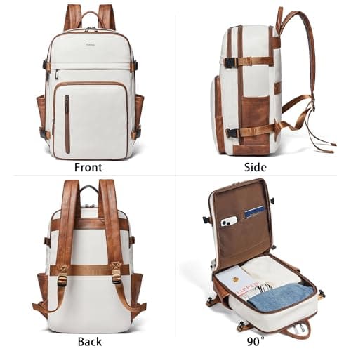 tiamyi Leather Backpack for Women and Men, Fits 17 Inch Laptop, Stylish Lay-Flat Carry-on Vegan Leather Rucksack with Luggage Strap for Daily Use, Laptop Backpack — view 5