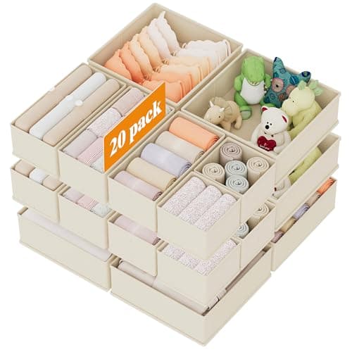 XIVIRACK 20 Pack Drawer Organizer for Clothes, Underwear Drawer Organizer Bins, Foldable Fabric Closet Storage Organizers, Drawer Dividers for Bras Undies Socks Ties, Beige