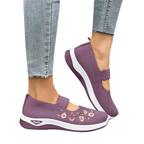 Dance Shoes for Women, Orthopedic Shoes for Women Wide Fit Slip On Walking Loafers Breathable Mesh Non-Slip Shoe Lightweight Arch Support Comfort Flats for Work Travel Casual Sneakers Purple — view 5