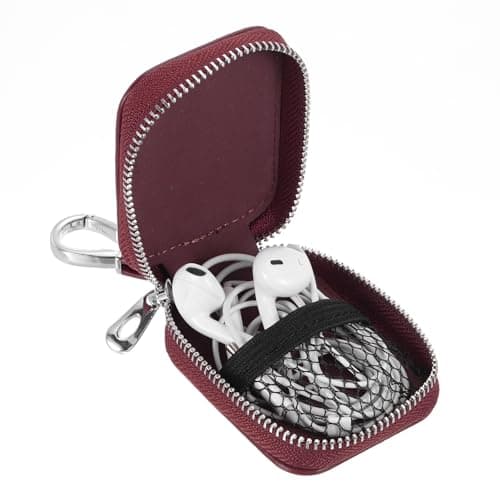 sourcing map Earbuds Cases, Earphone Case Holder, PU Leather Ear Buds Case Zipper Organizer Small with Mesh Pocket for USB Cable, Wireless Wired Earphones, Burgundy — view 3