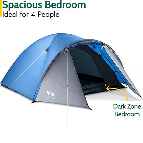 Trail Bracken 4 Man Tent With Porch, 3000mm Waterproof Rating, Double Skin Dome Tent with Darkened Bedroom, Lightweight for Camping and Festivals, Bag Included (360cm x 240cm x 130cm) — view 3